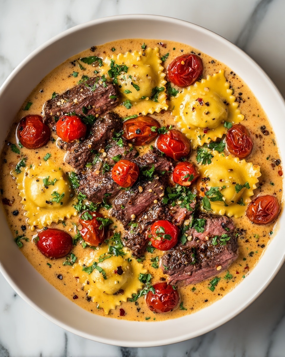 A white bowl holds a creamy light brown sauce as the base layer, with small green herb pieces scattered throughout. On top are several golden yellow ravioli with a slightly crinkled edge, partially submerged in the sauce and positioned around the bowl. There are juicy, bright red cherry tomatoes dispersed among the ravioli. Large pieces of medium-rare steak with charred, dark brown surfaces and pinkish red centers are placed over the ravioli and sauce. Fresh green herb leaves are sprinkled on top for garnish. The photo is taken on a white marbled surface. photo taken with an iphone --ar 4:5 --v 7