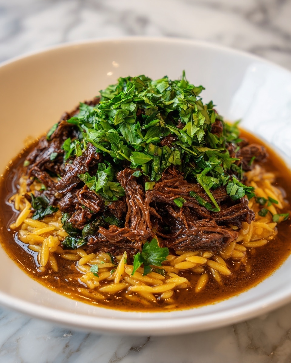 A white plate with a light speckled edge holds a dish with two main layers. The bottom layer is a bed of golden yellow orzo pasta, slick with a shiny brown broth pooling around it. On top, there are several pieces of rich, tender, dark brown shredded beef, looking juicy and soft with visible muscle fibers. The beef is garnished with bright green chopped herbs and small bits of cooked onions, adding a fresh contrast of color. The dish sits on a white marbled surface. photo taken with an iphone --ar 4:5 --v 7
