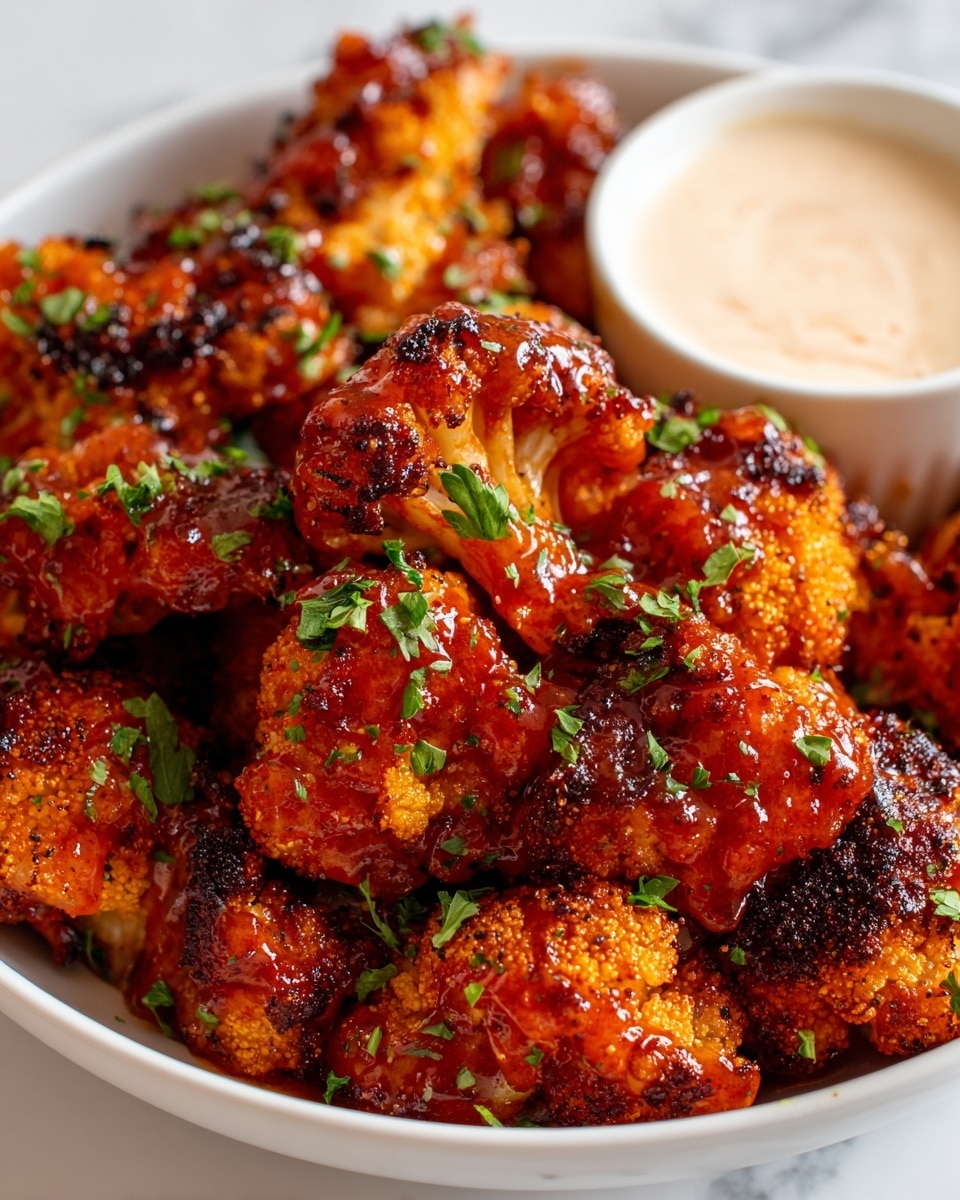 The image shows a close-up of crispy cauliflower florets with a golden brown and slightly charred texture, covered in a deep orange-red sauce with fresh green parsley sprinkled on top. The cauliflower pieces are piled together in a white bowl, and a small white bowl of creamy, light green dipping sauce sits on the side. The surface beneath the bowl is a white marbled texture. photo taken with an iphone --ar 4:5 --v 7