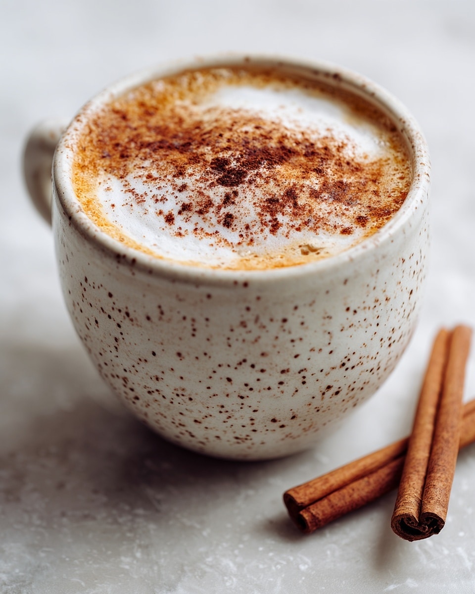 A close-up image of a white speckled cup filled with a creamy light brown drink topped with a thick layer of white foam sprinkled with cinnamon powder. The cup is set on a soft white cloth with a pair of cinnamon sticks next to it, all placed on a white marbled surface. photo taken with an iphone --ar 4:5 --v 7