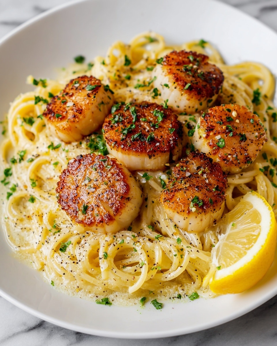 The image shows a close-up of a creamy pasta dish topped with cooked shrimp. The pasta strands are covered in a smooth, light-colored sauce with a creamy texture, spread evenly on the bottom layer. On top, several pink and white shrimp are arranged, showing their curled shapes and slightly translucent appearance. Small green herb pieces are scattered over the shrimp and pasta, adding a touch of color contrast. The entire dish sits on a white marbled surface, enhancing the freshness of the presentation. photo taken with an iphone --ar 4:5 --v 7