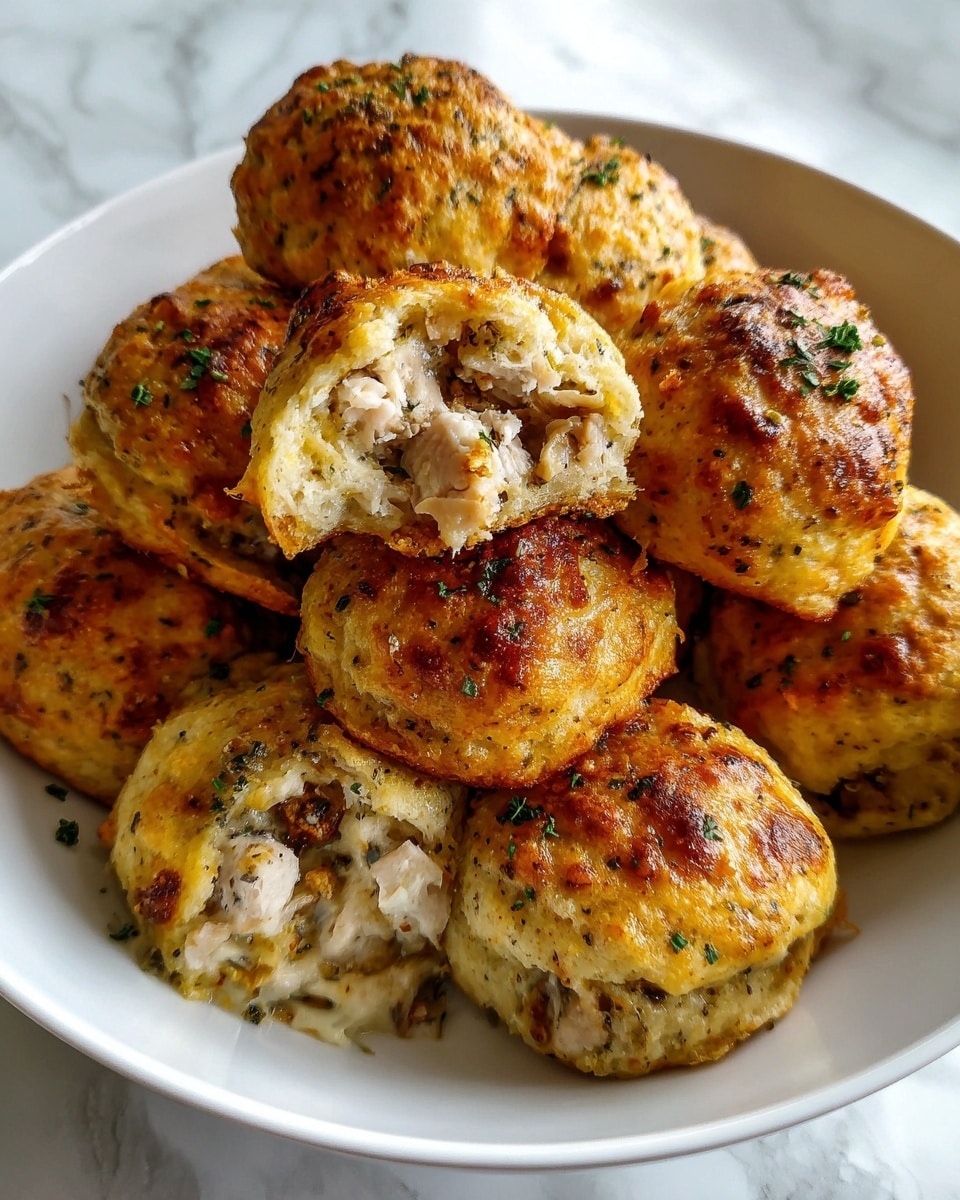 A close-up of a white bowl filled with five golden brown baked dumplings with a slightly crispy top sprinkled with green herbs. One dumpling is broken open, showing a soft, fluffy inside with visible pieces of shredded chicken mixed in. The dumplings are sitting in a light, creamy sauce at the bottom of the bowl. The background is a white marbled surface. Photo taken with an iphone --ar 4:5 --v 7