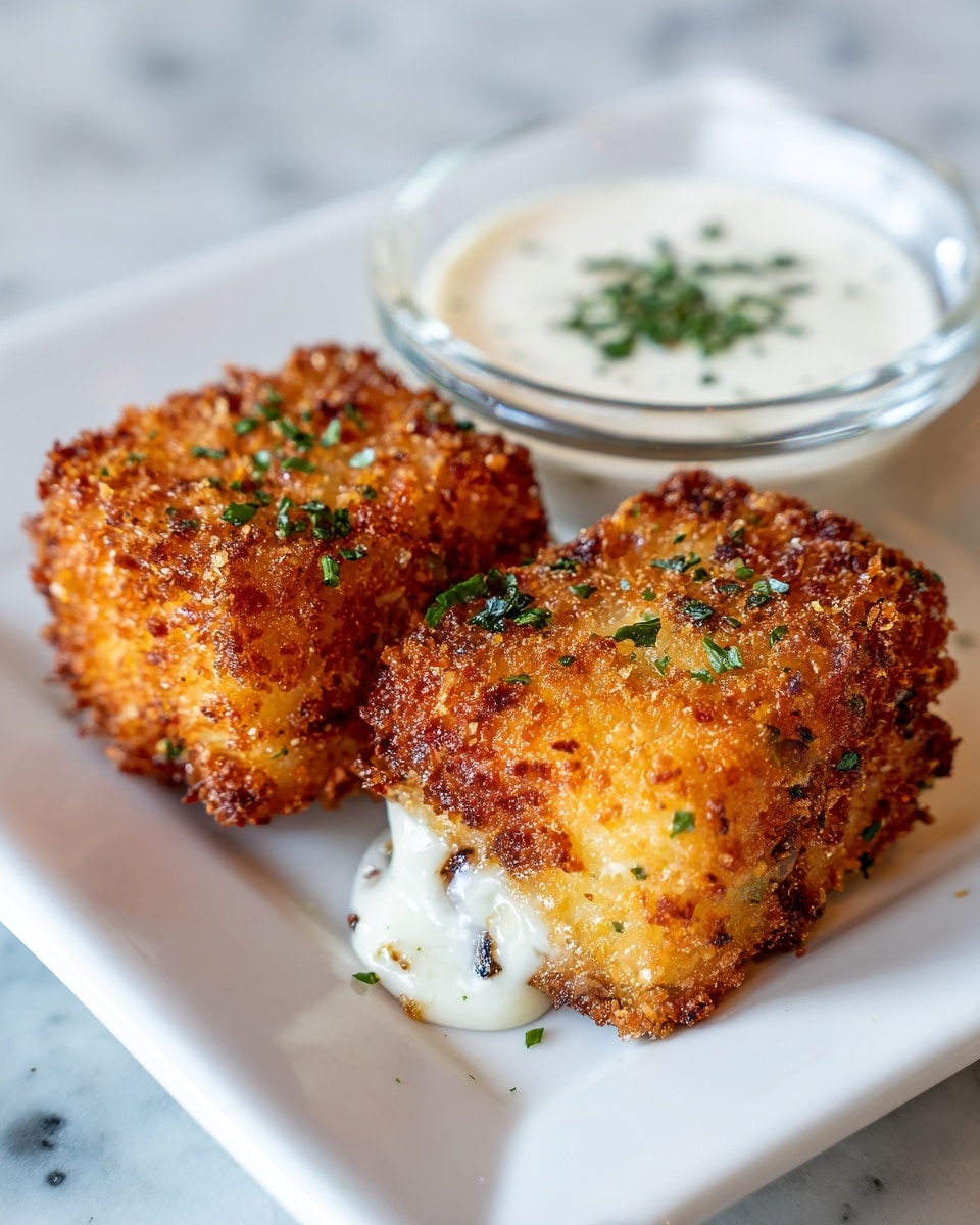 Two thick, square patties with a crispy, golden-brown breaded outer layer are placed side by side on a white plate. The patties have a crunchy texture with small green herb pieces sprinkled on top. Inside, there is a creamy, white filling with bits of black and green ingredients visible near the edges. Behind the patties, there is a small glass bowl filled with a light cream-colored dipping sauce topped with chopped green herbs. The plate is set on a white marbled surface, adding a clean and fresh look to the image. photo taken with an iphone --ar 4:5 --v 7