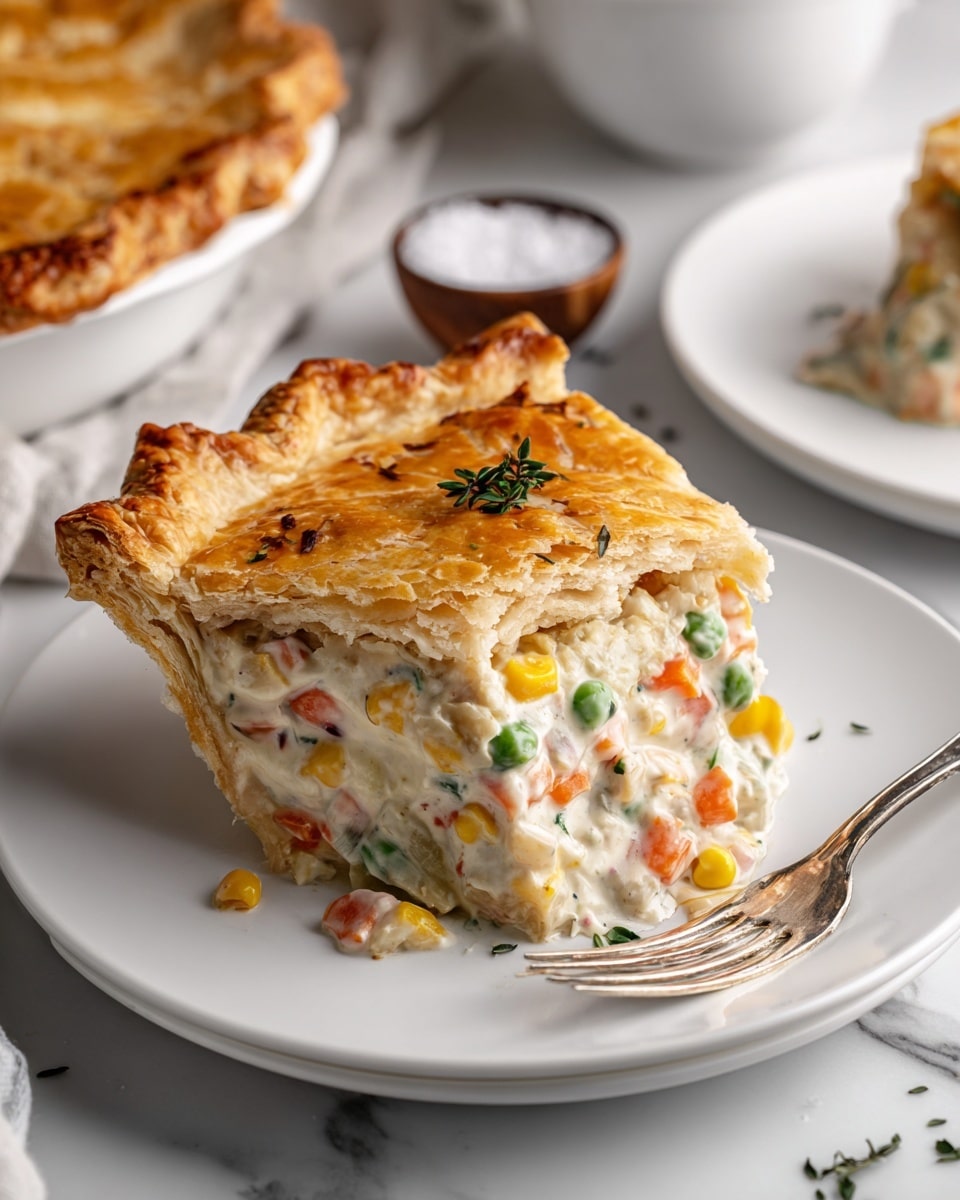 A single slice of creamy vegetable pot pie is placed on a white plate with a silver fork resting beside it. The pie slice has two layers of golden-brown flaky crust, one on top and one at the bottom. Between the crust layers, there is a thick filling made of white creamy sauce with mixed vegetables including green peas, orange carrots, and yellow corn. A small green herb garnish is placed on top of the crust. The plate is set on a white marbled surface, with a blurred bowl of salt and another slice of pie in the background. Photo taken with an iphone --ar 4:5 --v 7