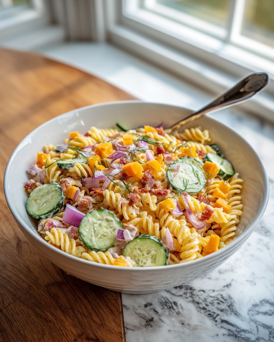A large white bowl filled with a three-layer pasta salad sits on a wooden table with a white marbled texture background near a window. The bottom layer is made of pale yellow spiral pasta with a soft texture, spread evenly across the bowl. The middle layer contains scattered slices of bright green pickles and mix of pale green cucumber slices, as well as small, vibrant orange cubes of cheddar cheese. The top layer is dotted with small crispy bacon pieces colored deep brown-red, finely chopped red onion bits, and fresh green dill sprigs evenly spread on top. A silver spoon rests inside the bowl, and the overall look is colorful and fresh. Photo taken with an iphone --ar 4:5 --v 7