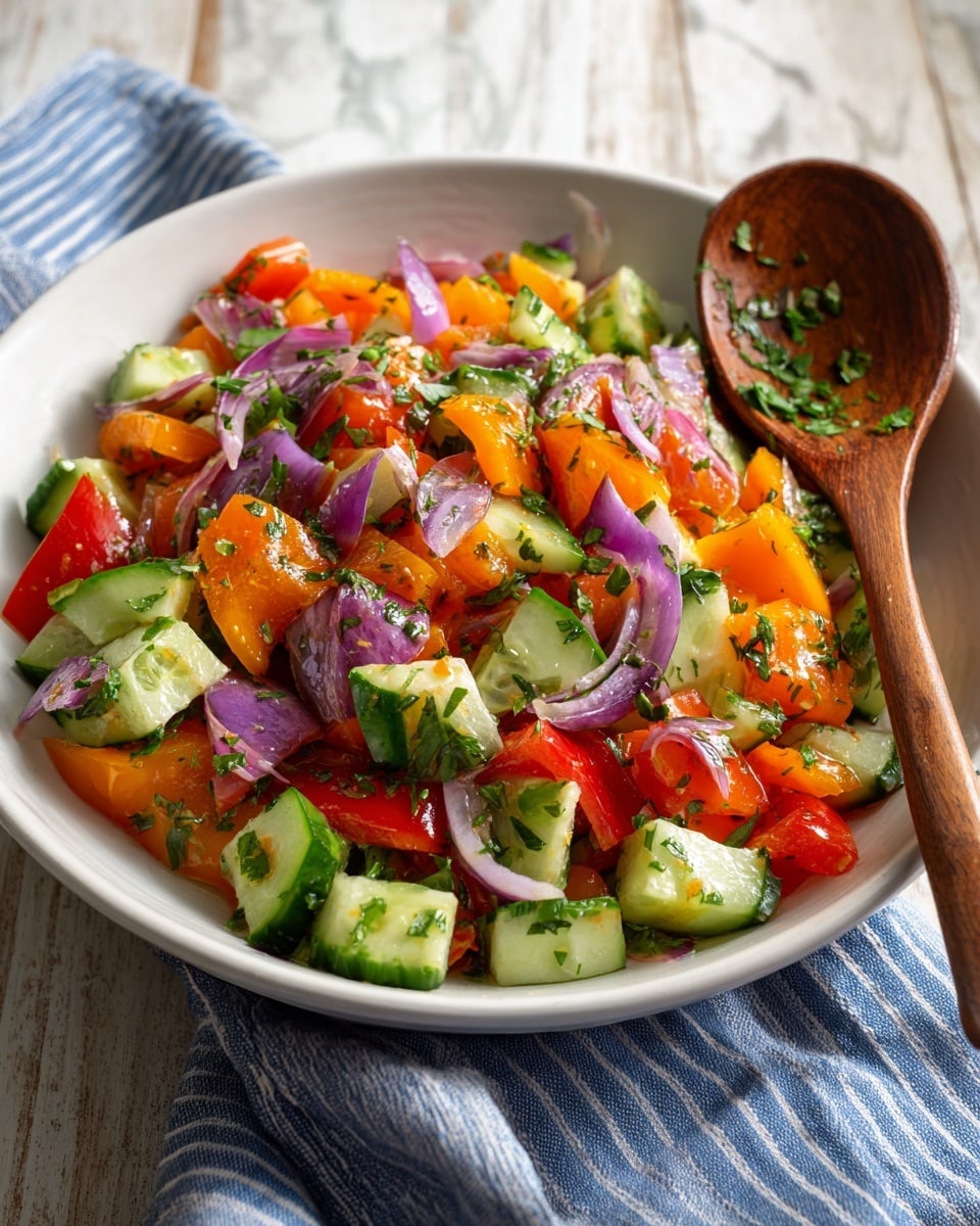 A white bowl filled with a fresh cucumber sweet pepper salad sits on a wooden tabletop with a white marbled texture background. The salad has three main layers: chunky green cucumber pieces cut into small rounds and quarters forming the base, bright sweet peppers in orange and red cut into bite-sized chunks scattered evenly throughout, and thin slices of purple onion layered on top. Fresh green herbs are sprinkled all over the salad, adding a touch of brightness. A wooden spoon with some salad bits on it rests inside the bowl on the right side, and a blue and white striped cloth is partly visible under the bowl. Photo taken with an iphone --ar 4:5 --v 7