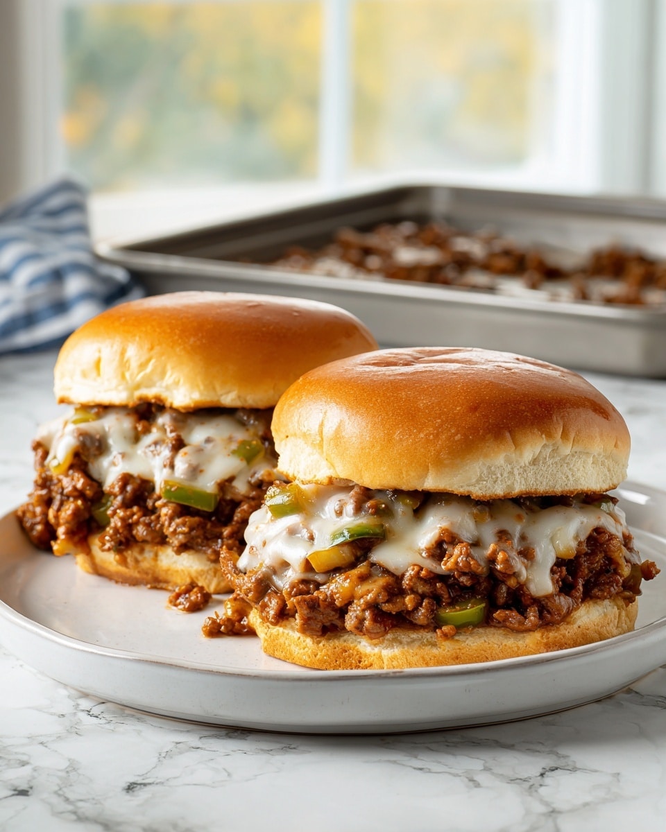 Two Philly cheesesteak sloppy joe sandwiches are shown on a white plate with a white marbled surface underneath. Each sandwich has a shiny, golden brown top bun that is slightly tilted to reveal the filling inside. The filling consists of cooked ground beef mixed with sautéed slices of green bell peppers, mushrooms, and onions, all topped with melted white cheese that is creamy and gooey, covering the beef and vegetables nicely. The bottom bun is toasted to a light golden color, providing a crisp base. In the background, there is a metal baking tray with a spatula on it, slightly out of focus. photo taken with an iphone --ar 4:5 --v 7