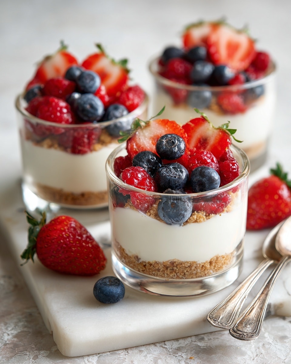 Three glass cups each hold a three-layer dessert standing on a white marbled surface. The bottom layer is crumbly and light brown, forming the base. The middle layer is smooth and creamy white, thick and firm. The top layer is a colorful mix of fresh berries, including bright red halved strawberries with green tips, plump red raspberries, and deep blue blueberries, arranged evenly on the cream. Around the cups, extra strawberries, raspberries, and blueberries are scattered, adding color to the scene. Two silver spoons lie in front of the closest cup. Photo taken with an iphone --ar 4:5 --v 7