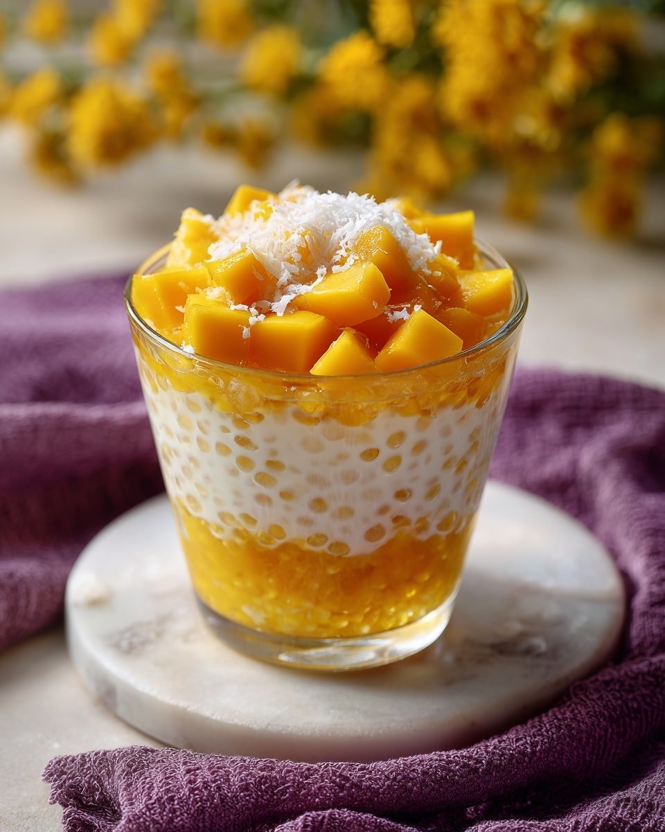 A clear glass dessert bowl shows three layers: at the bottom is a layer of bright orange mango chunks, followed by a thick middle layer of white coconut milk mixed with small tapioca pearls, and on top, a mound of more vivid orange mango cubes. The dessert is finished with a sprinkle of white shredded coconut on the very top. The bowl rests on a surface with a white marbled texture, with a purple textured cloth and a blurry background of yellow flowers visible behind it. photo taken with an iphone --ar 4:5 --v 7