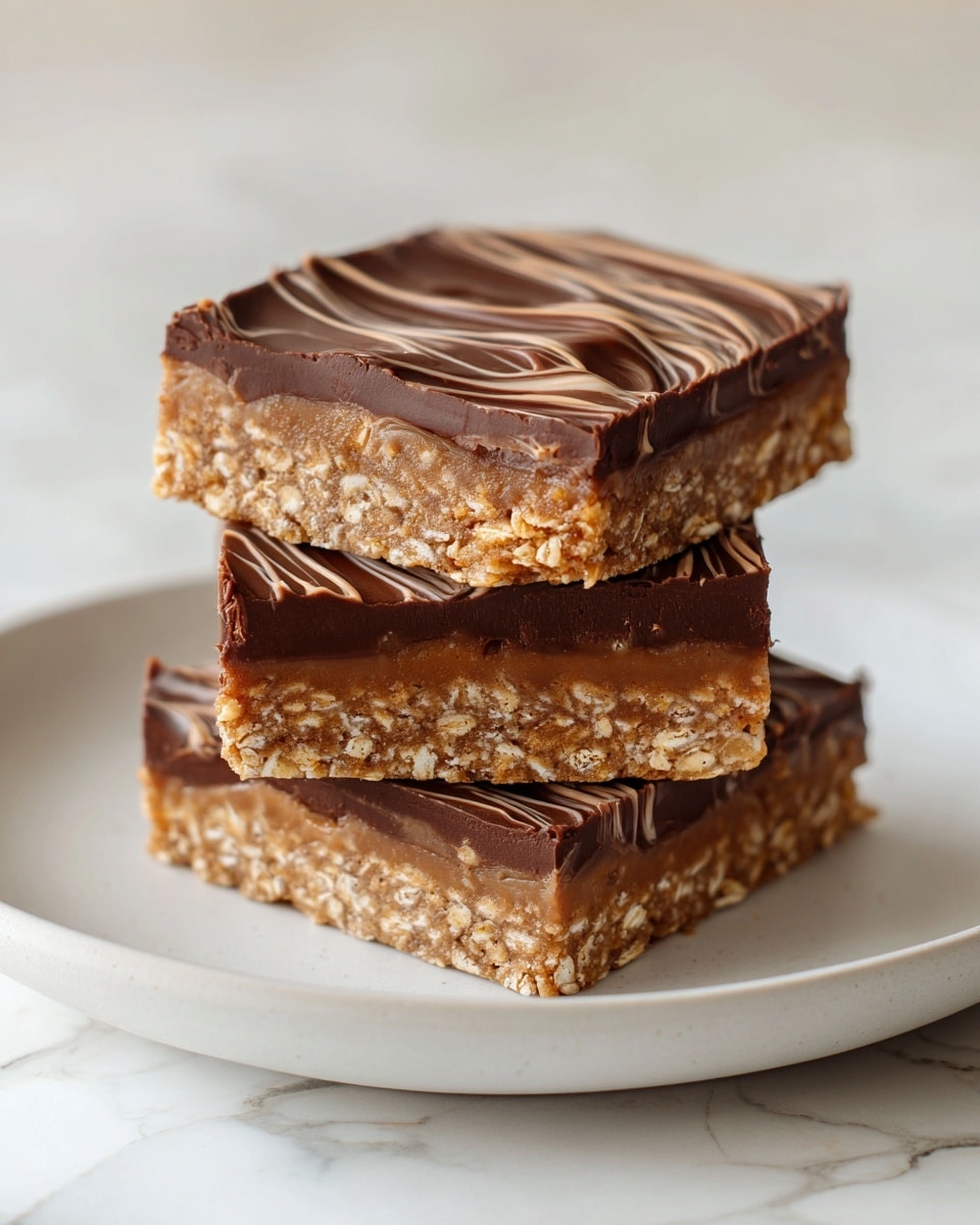 The image shows a stack of three square oat bars on a white plate, each bar having two layers. The bottom layer is a light golden brown oat mixture with visible oats and a rough texture, while the top layer is a smooth, thick dark chocolate coating with a glossy surface. The top chocolate layer is decorated with thin wavy lines of darker chocolate drizzled across it. The bars are neatly stacked, and the background is a soft white marbled texture. photo taken with an iphone --ar 4:5 --v 7