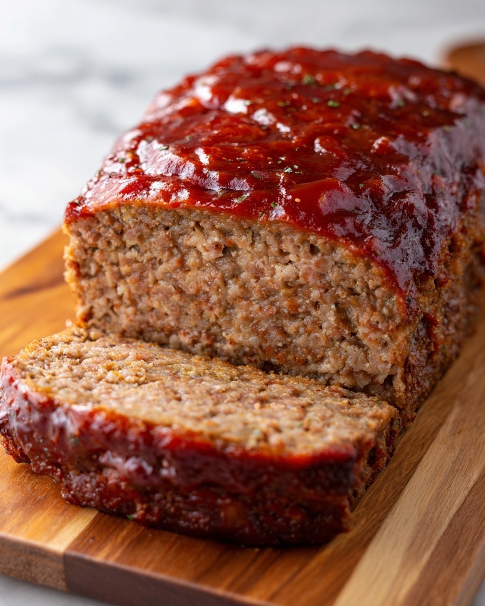The image shows a rectangular meatloaf on a wooden board, with two slices cut from the front. The top layer is a shiny red glaze, thick and smooth, covering the whole surface. Below the glaze, the meatloaf is a mix of brown and grey with a coarse texture made from ground meat, dense and moist. The wooden board contrasts with a white marbled surface in the background, adding warmth to the image. Photo taken with an iphone --ar 4:5 --v 7
