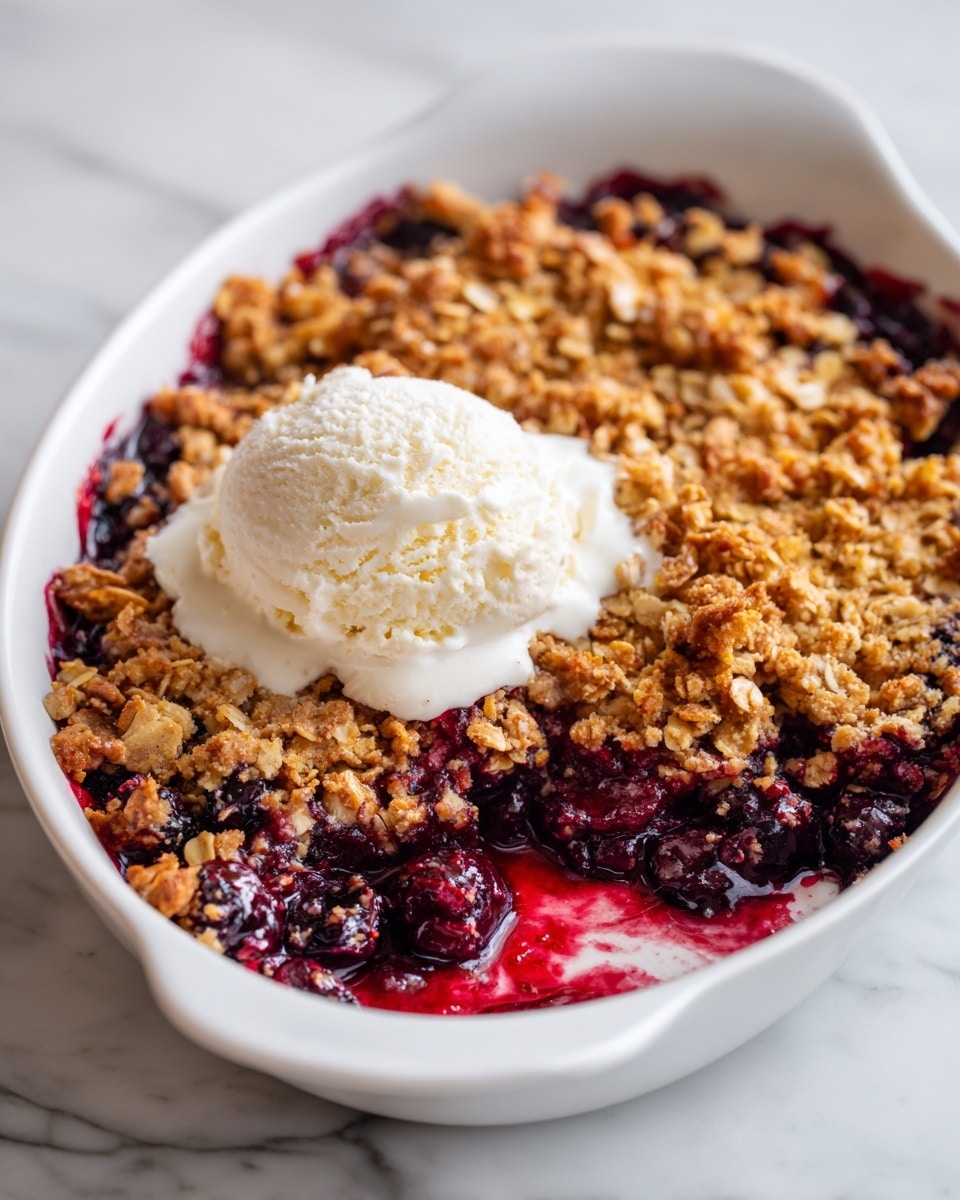 A rectangular white dish holds a fruit crumble with a thick layer of juicy mixed berries at the bottom, showing deep red and purple colors. On top, there is a thick, crumbly oat topping with golden brown and light tan pieces that look crunchy and textured. A scoop of creamy white ice cream sits on one side, slightly melting onto the crumble. A woman's hand is holding a spoon, lifting a portion of the dessert, revealing the soft, juicy fruit underneath. The dish is set on a white marbled surface. photo taken with an iphone --ar 4:5 --v 7