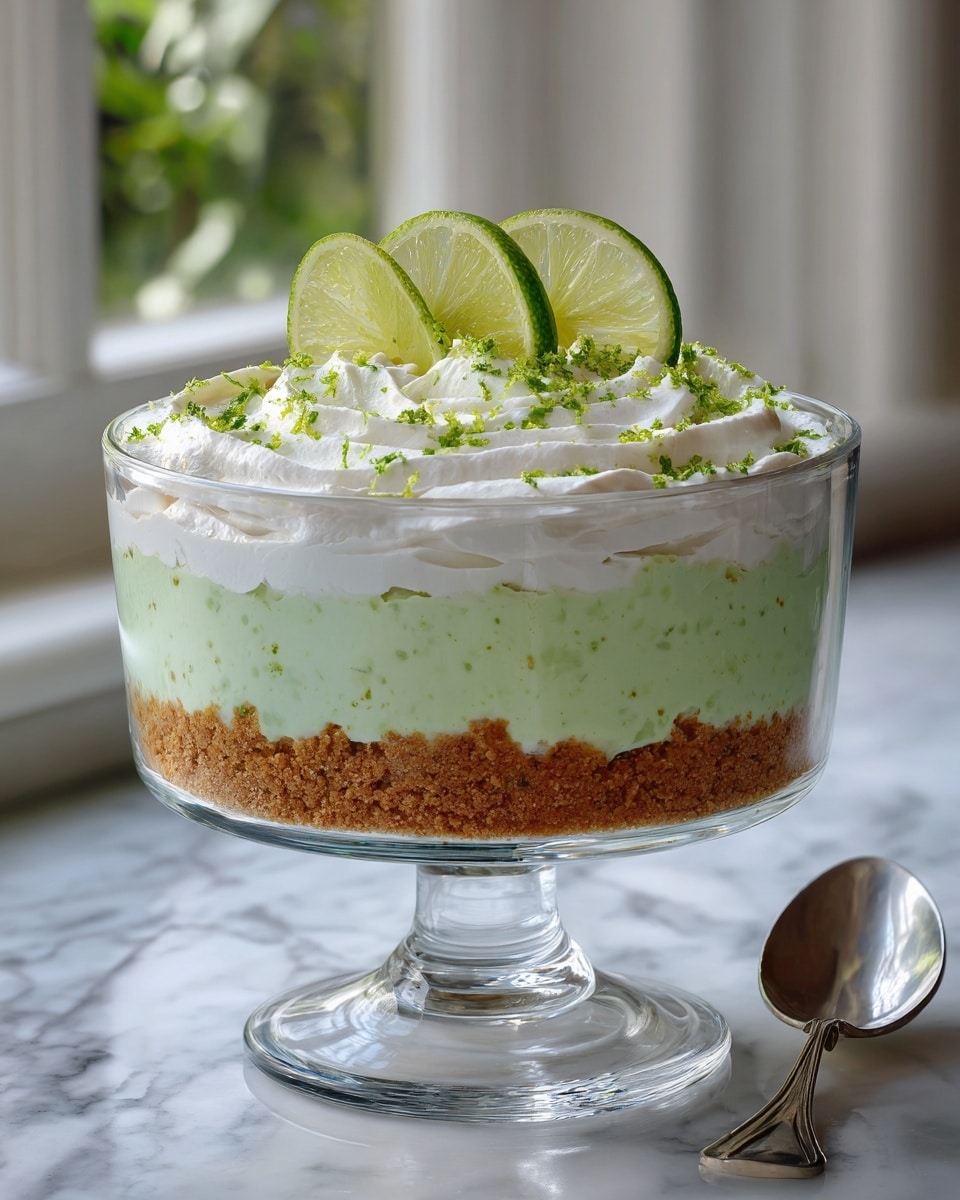 A clear glass bowl with a short stem holds a key lime pie trifle with four visible layers. The bottom layer is crumbly, light brown, and textured like graham cracker crumbs. Above it is a thick, creamy pale green layer with small specks, smooth and soft in texture. On top of this is another layer of the same crumbly light brown crumbs, giving a rough texture. The top layer is a fluffy, white whipped cream spread evenly, sprinkled with finely grated green lime zest, and finished with two thin fresh lime slices arranged on top. The bowl is placed on a white marbled surface, near a bright window with blurred kitchen items in the background. A silver spoon lies nearby. Photo taken with an iphone --ar 4:5 --v 7