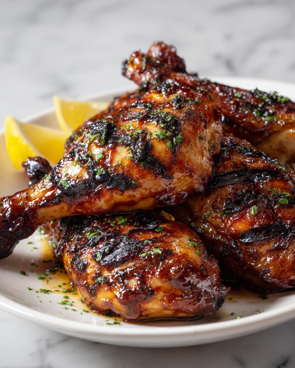 The image shows three grilled chicken legs stacked slightly on each other, each piece covered with a shiny, dark brown glaze with visible char marks and small green herb pieces scattered over the surface. The chicken skin looks crispy and caramelized with a mix of golden and blackened patches. In the background, there is a slice of lemon adding a bright yellow color contrast. The dish is set on a white plate placed on a white marbled surface. Photo taken with an iphone --ar 4:5 --v 7