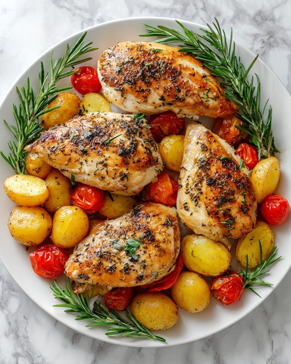 The image shows a white plate filled with three golden-brown roasted chicken breasts placed closely side by side. The chicken has a crispy, seasoned skin with visible herbs and small garlic pieces. Surrounding the chicken are cooked yellow potato halves and halved red cherry tomatoes, mixed with sprigs of fresh green rosemary. The vegetables have a slightly roasted texture with a shiny glaze. The plate rests on a white marbled surface. photo taken with an iphone --ar 4:5 --v 7