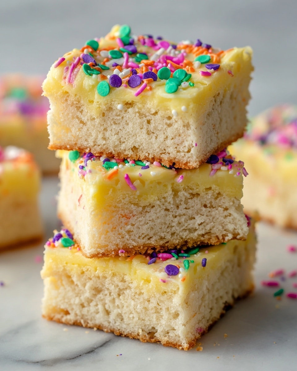 The image shows a stack of four thick, square-shaped blondies, each with a dense, soft beige base layer topped with a bright yellow frosting layer. The frosting appears creamy and spread unevenly with rough edges, decorated with small round colorful confetti sprinkles in green, orange, pink, and purple scattered on top. The blondies rest on white parchment paper, set against a white marbled surface, with more sprinkled confetti around. The background is softly blurred, highlighting the blondies' texture and colors. photo taken with an iphone --ar 4:5 --v 7