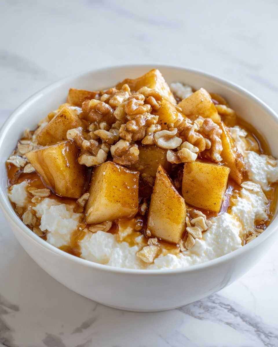 The dish is served in a white bowl filled with three main layers. The bottom layer is a creamy white cottage cheese with a slightly lumpy texture. On top of that, there is a thick pile of glistening, caramelized cinnamon-spiced apple chunks, golden brown with a slight shine from syrup. Scattered over the apples and cottage cheese are small pieces of walnuts and a few oats, adding a rough texture and darker brown color contrast. The bowl sits on a white marbled surface. photo taken with an iphone --ar 4:5 --v 7