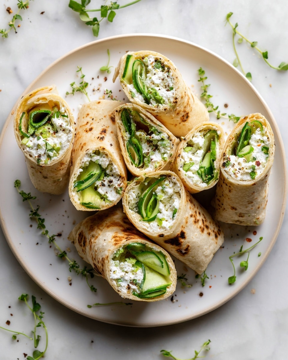 The image shows four wrap halves arranged on a white plate with green herb garnishes and black pepper sprinkled over and around them, placed on a white marbled surface. Each wrap is made from a lightly toasted flatbread, golden-brown with some dark spots. Inside, there are two main layers: the outer layer is a soft flatbread, folded around a filling of creamy white cottage cheese mixed with herbs, and slices of fresh green cucumber strips, cut thinly and arranged so they curl slightly. The filling is moist and speckled with green herbs, giving a fresh look. The wraps are cut at an angle to show the inside layers clearly. photo taken with an iphone --ar 4:5 --v 7