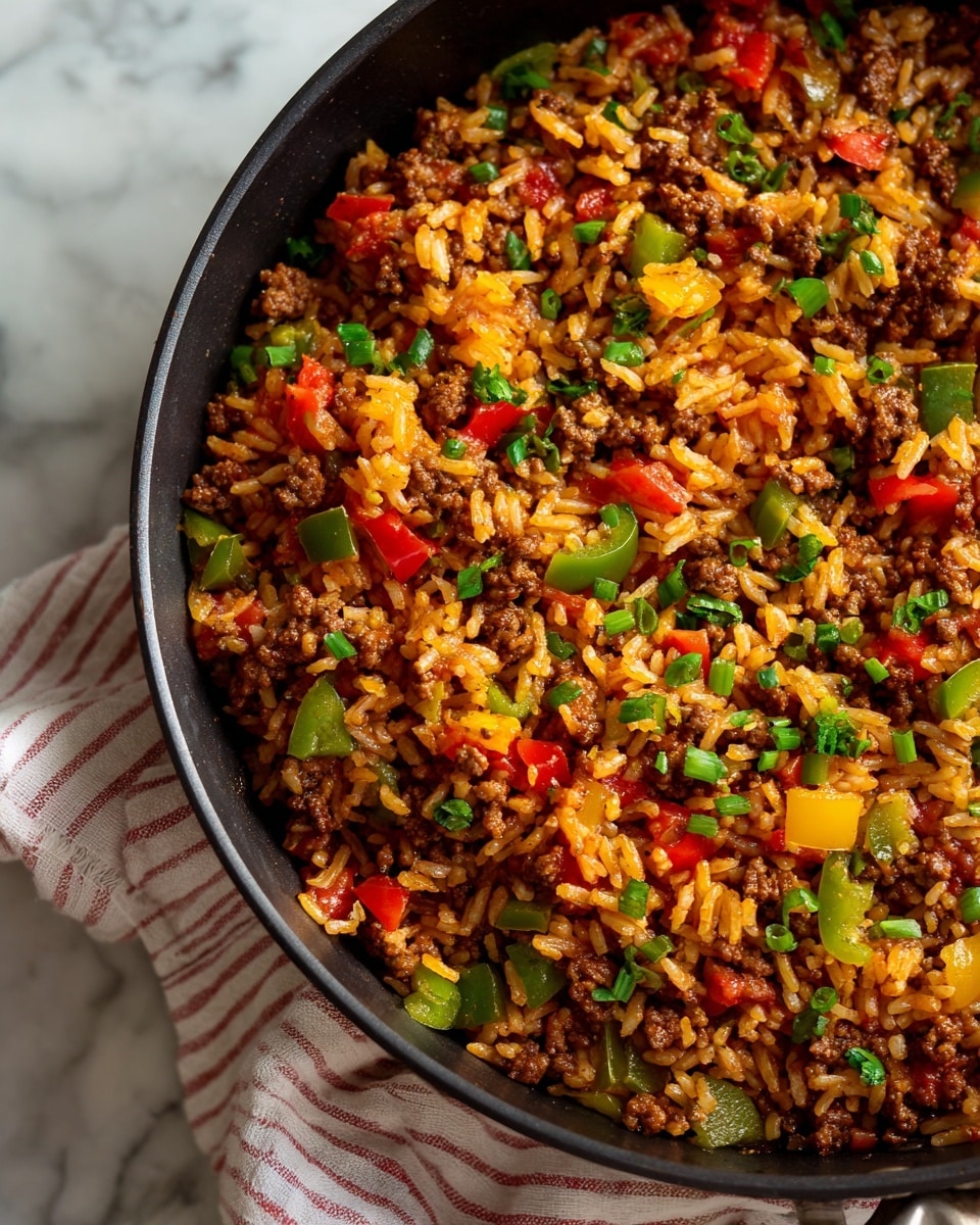 This image shows a close-up view of a skillet filled with a one-layer dish made of cooked ground meat mixed with rice. Scattered evenly throughout the dish are small pieces of red, green, and yellow bell peppers, adding bright pops of color. The meat is brown and crumbly, while the rice is slightly orange, soaked with spices or sauce. The texture looks soft and a little saucy, with small bits of diced tomato mixed in. The skillet is black and sits on a white marbled surface. Photo taken with an iphone --ar 4:5 --v 7
