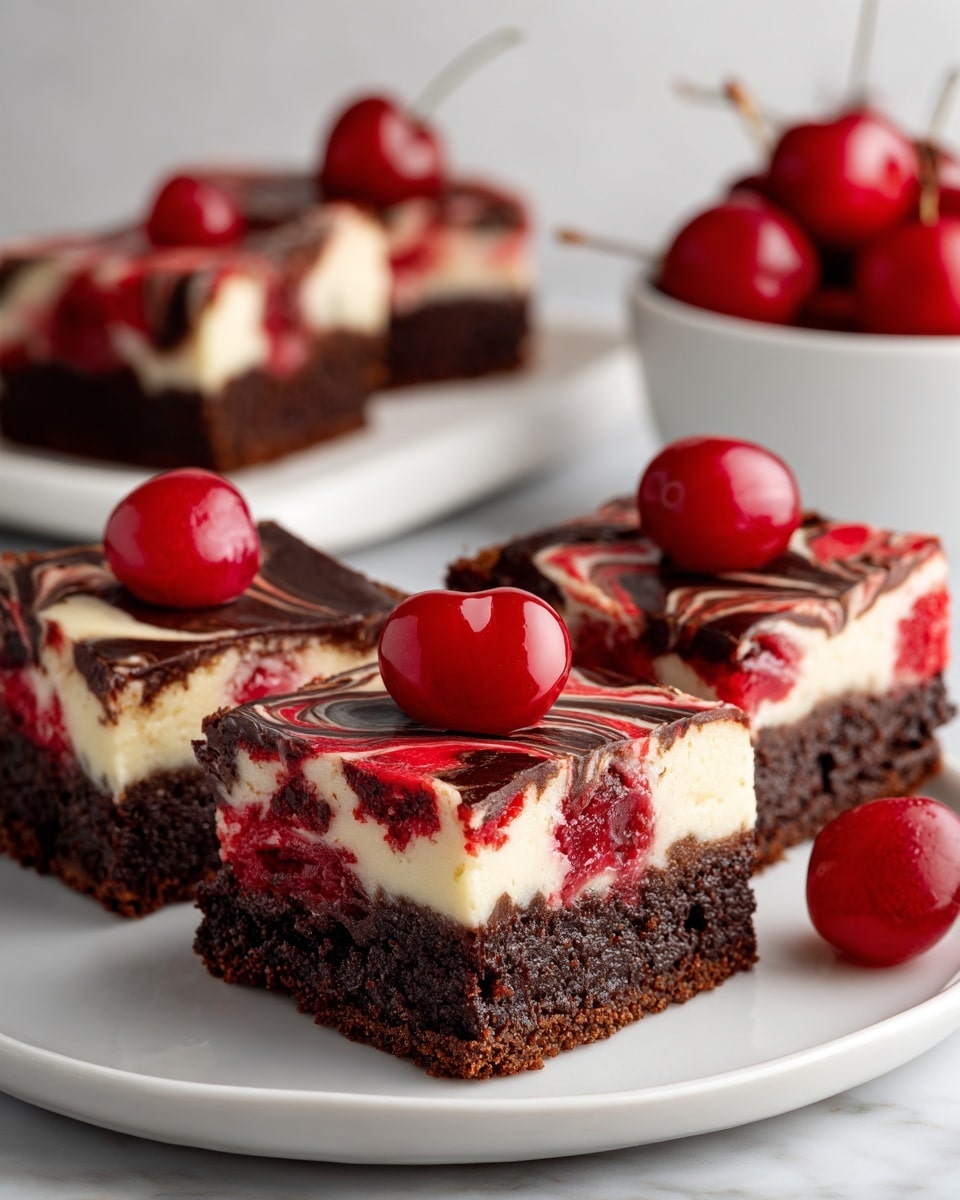 Four square brownie pieces sit on a white plate placed on a white marbled surface. Each piece has three visible layers: a bottom dark brown chocolate brownie layer, a middle creamy white cheesecake layer with hints of burgundy red swirls, and a top darker chocolate swirl layer. On top of each brownie sits a glossy deep red cherry, adding a shiny touch to the rich texture. In the background, a white bowl with more cherries is softly out of focus. Photo taken with an iphone --ar 4:5 --v 7