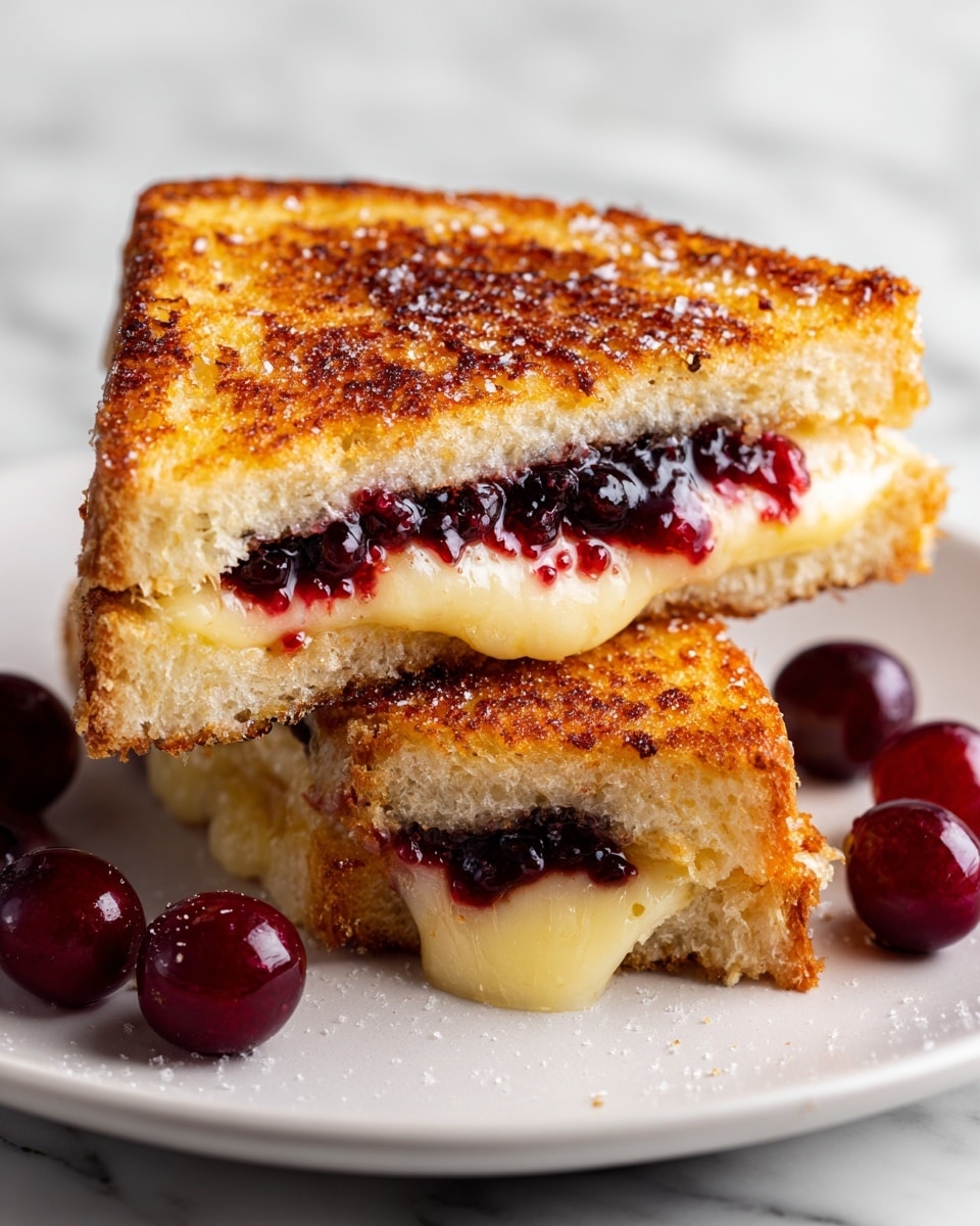 The image shows a close-up of a grilled cheese sandwich cut in half and stacked. The sandwich has three layers: two slices of toasted golden-brown bread on the top and bottom with a crispy texture, a middle layer of melted smooth yellow cheese, and a layer of dark red berry jam with visible small whole berries between the cheese and the bread. The sandwich is placed on a white plate, and a woman's hand is holding one half of the sandwich from the side. The background has a white marbled texture with scattered fresh berries around the plate. Photo taken with an iphone --ar 4:5 --v 7