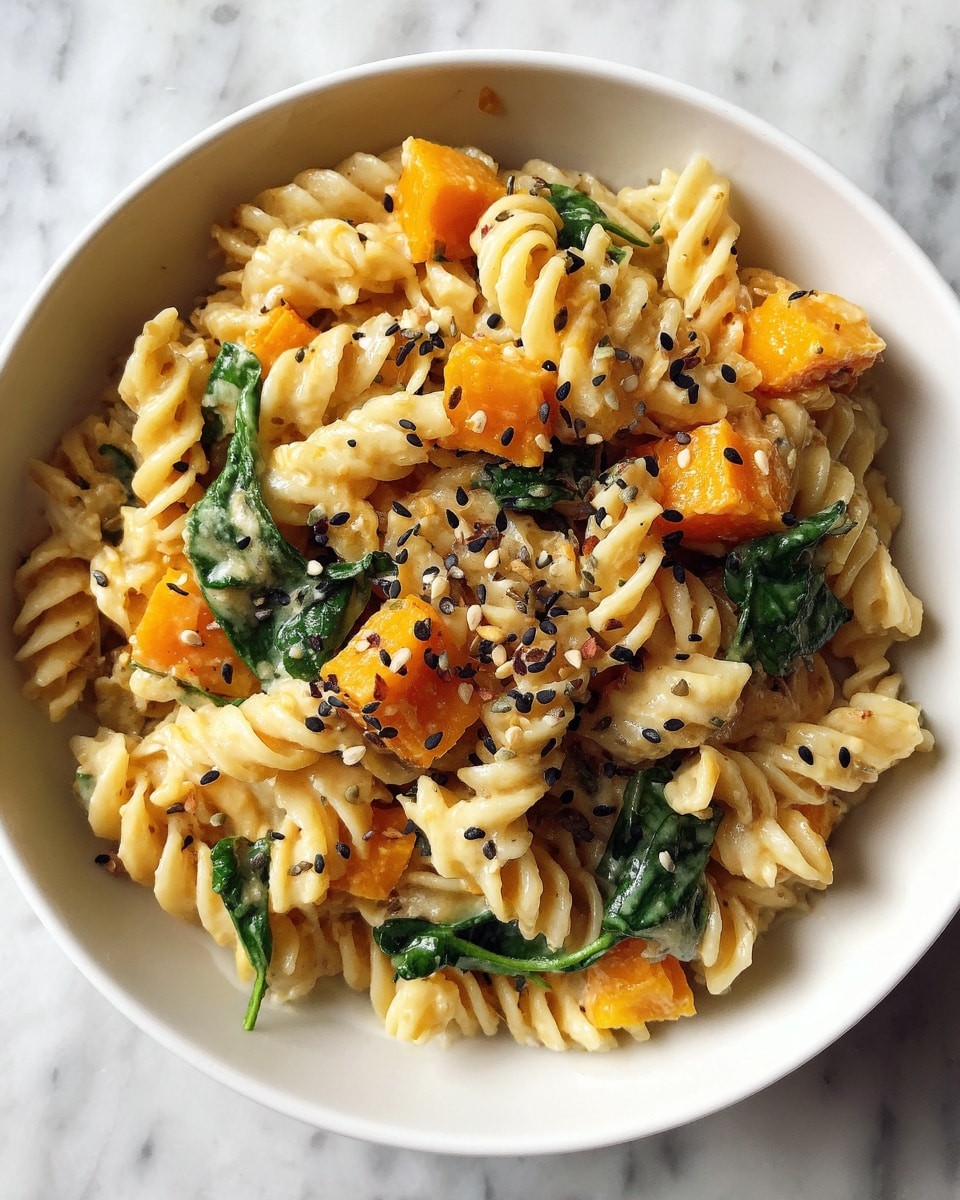 A close-up image of a white bowl filled with a creamy pasta dish made of short spiral pasta mixed with bright orange cubes of roasted butternut squash and dark green cooked spinach leaves, all lightly coated in a smooth sauce. The dish is topped with small black seeds and some visible light-browned grilled marks on the squash. The bowl sits on a white marbled surface, showing the fresh, colorful contrast between the ingredients. Photo taken with an iphone --ar 4:5 --v 7