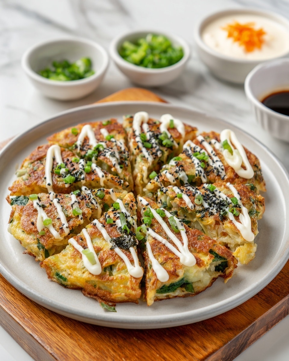 A golden-brown vegetable pancake sliced into even wedges, topped with zigzag white sauce lines and sprinkled with white and black sesame seeds and chopped green onions. The pancake has visible layers of cooked cabbage and green vegetables inside, showing a textured, slightly crispy surface. It is served on a white round plate placed on a light wooden board against a white marbled background. In the background, three small dishes appear: one with yellow and white sliced pickles on a white plate, one with green salad on a white plate, and one with light creamy sauce topped with thin orange strips on a black bowl. Photo taken with an iphone --ar 4:5 --v 7