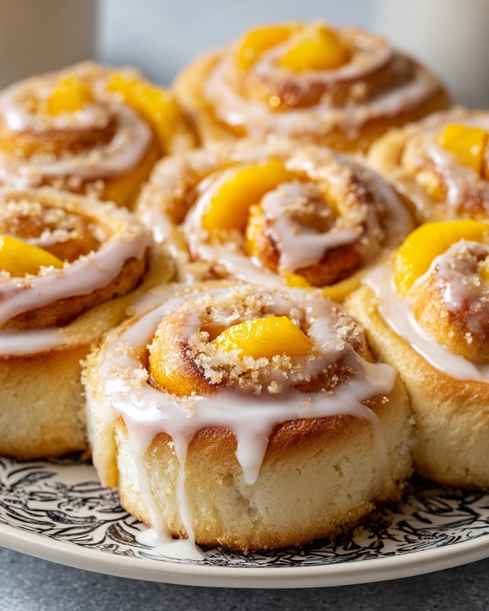 A close-up view of a plate filled with multiple peach cinnamon rolls, each roll showing two visible layers: a soft golden-brown dough rolled around a bright orange peach filling, and a light dusting of cinnamon sugar on top. The rolls are generously topped with thick white glaze dripping slightly over the edges, giving them a shiny look. The plate is white with a black decorative pattern around the edge, and it sits on a white marbled surface. Photo taken with an iphone --ar 4:5 --v 7