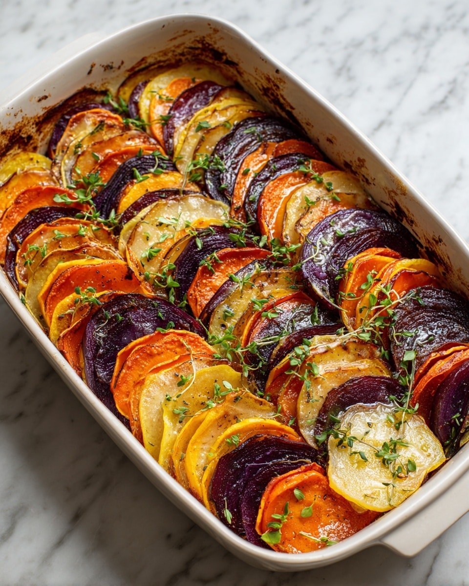 The image shows a close-up of a baked dish in a white oval baking dish on a white marbled surface, arranged in layers. The base layer features round slices of dark red and orange vegetables, likely beets and sweet potatoes, overlapping each other in a neat row. On top, there are thick, golden slices of melted cheese with browned edges and sprinkled with fresh green herbs, possibly thyme, creating a textured and appetizing look. The cheese sheets are laid in a slightly slanted pattern across the vegetables, showing the two colorful layers beneath. The lighting highlights the glossy and crispy cheese topping. Photo taken with an iphone --ar 4:5 --v 7