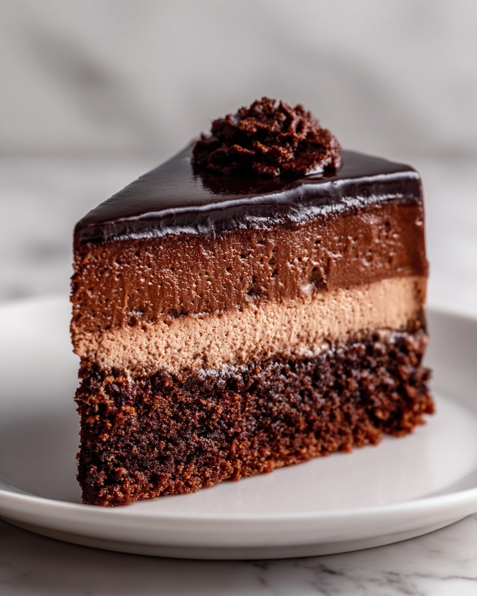 A slice of chocolate cake on a white plate with a detailed rim is shown on a white marbled surface. The cake has three layers: a bottom layer of dark, moist chocolate cake with a rough texture, a middle layer of smooth, light brown chocolate mousse, and a top glossy layer of dark chocolate ganache with a shiny finish. On the top right corner of the cake, there is a small swirl of dark chocolate decoration. Photo taken with an iphone --ar 4:5 --v 7