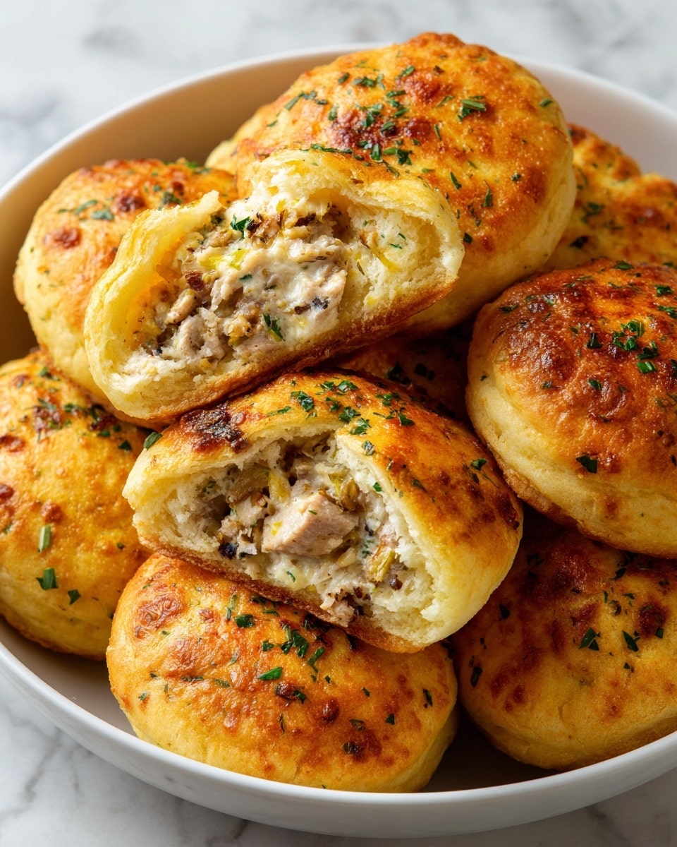The image shows a white bowl filled with golden brown, baked stuffed biscuits. The biscuits have a crispy top with small green herbs sprinkled on them. One biscuit is broken open to reveal a soft, creamy filling mixed with small pieces of white meat and some herbs inside. The background is a white marbled surface. Photo taken with an iphone --ar 4:5 --v 7