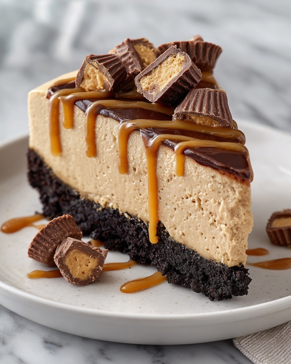 A slice of peanut butter pie is shown on a white plate with a white marbled surface underneath. The dessert has three visible layers: a dark chocolate crumb crust at the bottom, a thick creamy peanut butter filling in the middle that is light tan in color with a smooth texture, and the top layer is decorated with a drizzle of peanut butter sauce and several pieces of mini peanut butter cups, some whole and some cut in half, scattered on top and around the slice. The dessert looks rich and thick, with contrasting dark and light colors making it visually appealing. Photo taken with an iphone --ar 4:5 --v 7