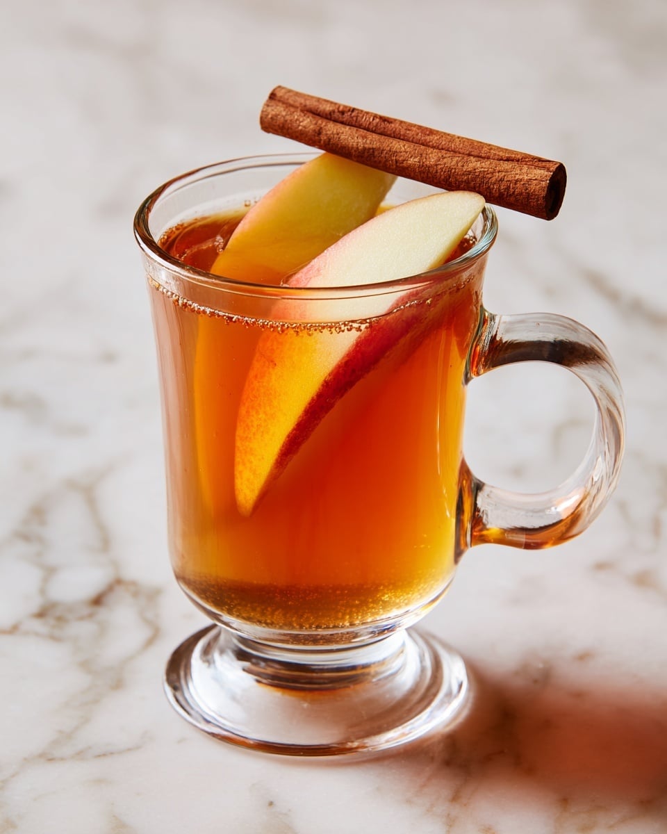 A clear glass mug filled with a warm orange-colored drink, topped with a round orange slice, a pale yellow apple slice, and a long cinnamon stick resting on top. The liquid looks smooth and shiny, and the glass mug has a transparent handle on the right side. The background and surface are a white marbled texture. photo taken with an iphone --ar 4:5 --v 7