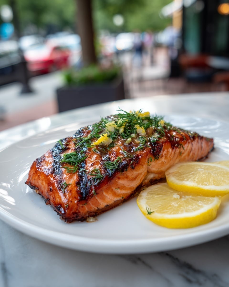 A thick grilled salmon fillet with a golden-brown, slightly charred top layer, glistening with a honey mustard glaze and topped with finely chopped green herbs and small bits of yellow lemon zest, sits centered on a white plate. The salmon's pink flesh shows through the glazed surface, with grill marks adding texture. Around the salmon on the plate are small scattered pieces of green herbs and lemon zest, and two lemon wedges are placed to the right side. The plate rests on a white marbled surface, with a blurred background showing an outdoor grill and a striped cloth nearby. Photo taken with an iphone --ar 4:5 --v 7