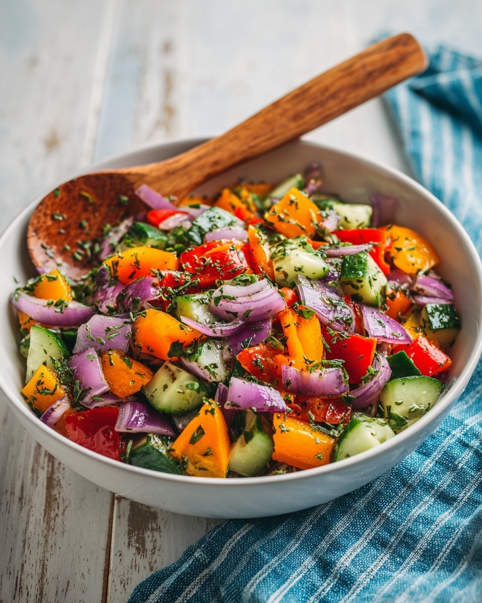 A white bowl filled with a colorful cucumber sweet pepper salad sits on a wooden table with a white marbled texture background. The salad has three clear visible layers: the bottom layer is a mix of green cucumber chunks, the middle layer shows bright orange and red sweet pepper pieces, and the top layer has thin slices of purple onion and green chopped herbs sprinkled over the salad. A wooden spoon with some chopped herbs on it rests on the edge of the bowl, and a blue striped cloth is partially under the bowl. The lighting is natural and bright, coming from a window on the left side. Photo taken with an iphone --ar 4:5 --v 7