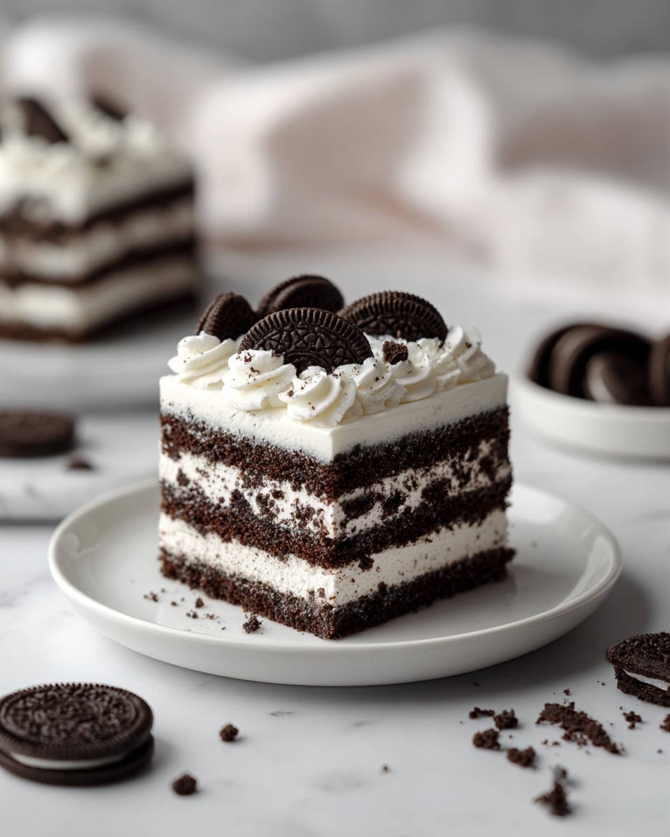 The image shows a square slice of an Oreo layered cake placed on a white plate. The cake has multiple visible layers: dark chocolate cookie crumbs mixed within creamy white layers, alternating with thicker dark chocolate cookie crumb layers, creating a striped effect. The top is covered with smooth white cream, decorated with whole mini Oreo cookies neatly arranged on the surface. Around the plate, several mini Oreo cookies and cookie pieces are scattered on a white marbled surface. The background has a soft, white cloth with another larger portion of the cake slightly blurred in the distance. The scene is softly lit, emphasizing the cake's textures and contrasts. Photo taken with an iphone --ar 4:5 --v 7