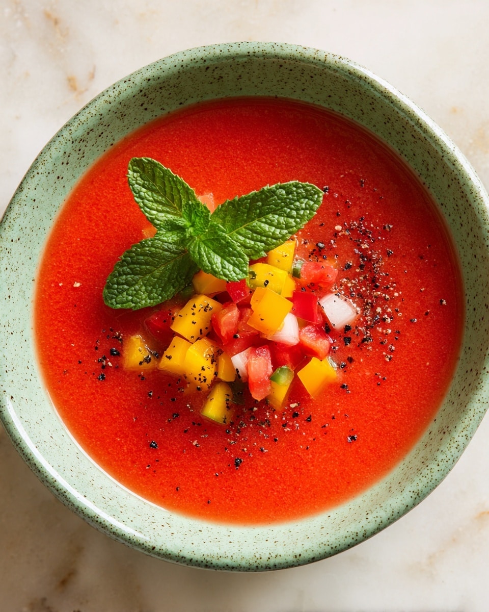 A bowl of smooth, bright red tomato soup fills most of the image, topped with small pieces of diced red tomatoes and finely chopped purple onions scattered in the center. A fresh green mint sprig with four broad leaves rests on top as garnish, and small black pepper flakes are sprinkled around. The bowl is white with a subtle speckled texture, placed on a white marbled surface. photo taken with an iphone --ar 4:5 --v 7