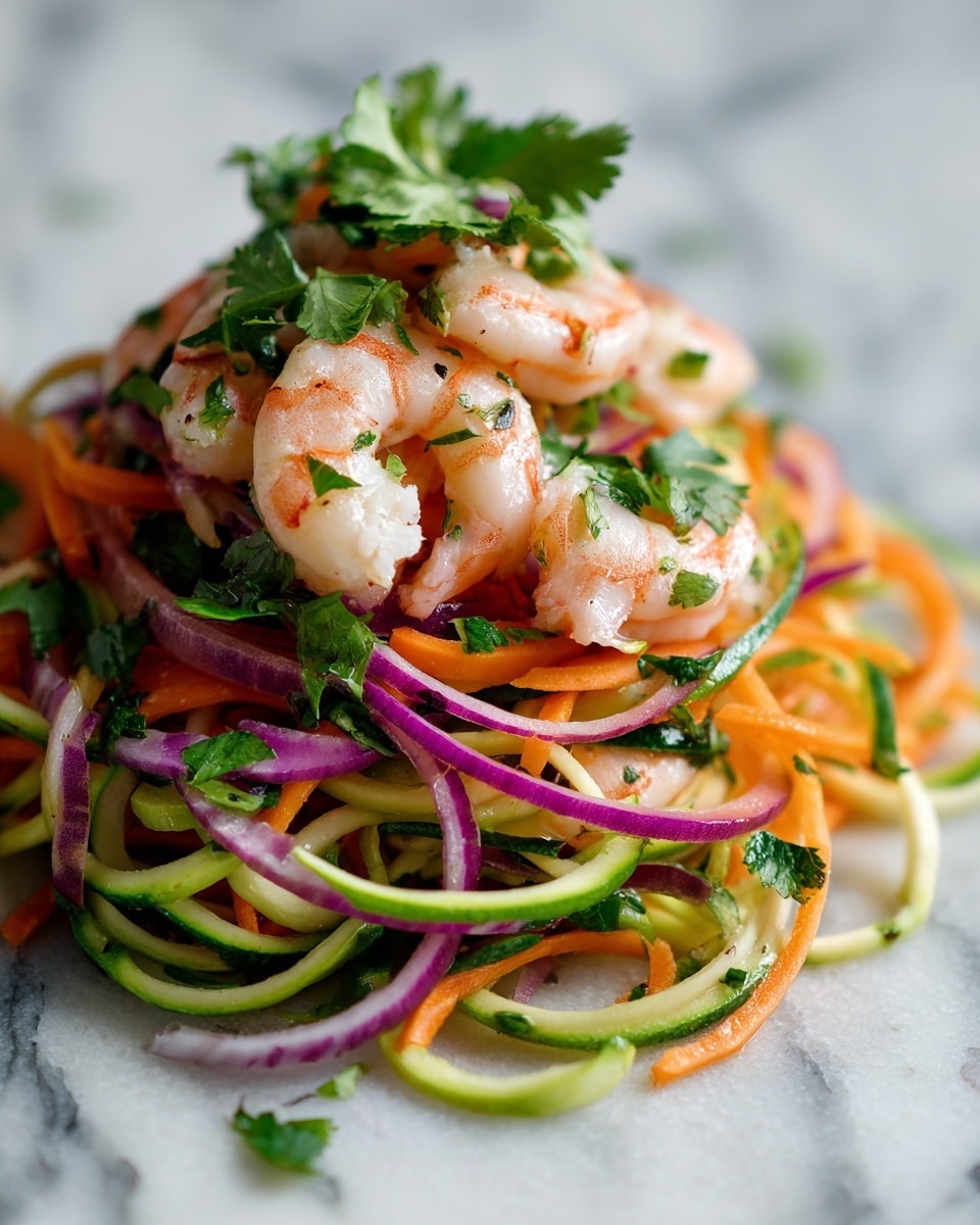 The image shows a close-up of a fresh shrimp salad. The dish has multiple layers beginning with spiralized light green zucchini noodles as the base. On top are plump, cooked shrimp, pinkish-white with slight orange edges and a soft texture. Thin slices of purple onion rings and thin orange carrot strips are mixed evenly with the shrimp and zucchini. Bright green cilantro leaves are scattered across, adding a fresh touch. The salad appears lightly seasoned with small specks of seasoning visible on the shrimp and vegetables, all resting on a white marbled surface. photo taken with an iphone --ar 4:5 --v 7