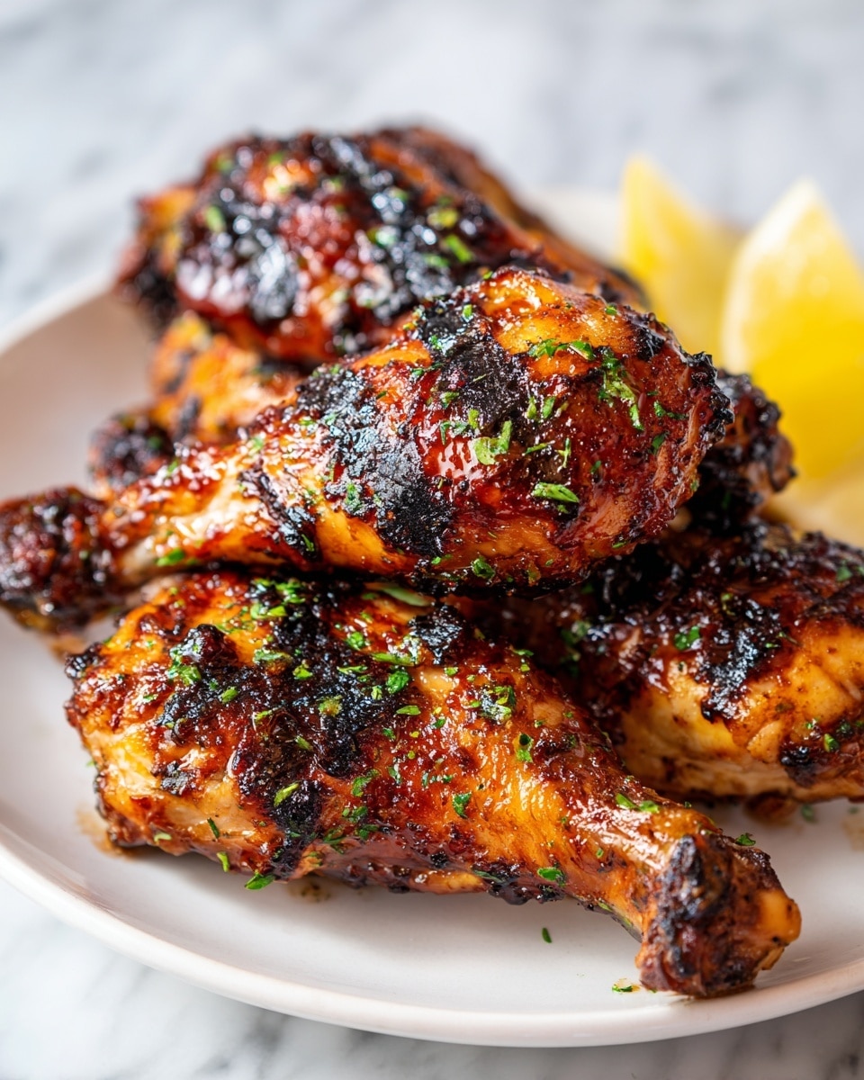 The image shows three grilled chicken legs stacked closely in a white plate on a white marbled surface. Each chicken leg has a rich brown color with dark grill marks and a shiny glaze, making the skin look crispy and juicy. Small green herb pieces are sprinkled over the chicken, adding a fresh touch. A yellow lemon wedge is placed in the top right corner of the plate, giving a bright contrast. The chicken rests on a few sprigs of green rosemary, enhancing the natural and fresh presentation. photo taken with an iphone --ar 4:5 --v 7