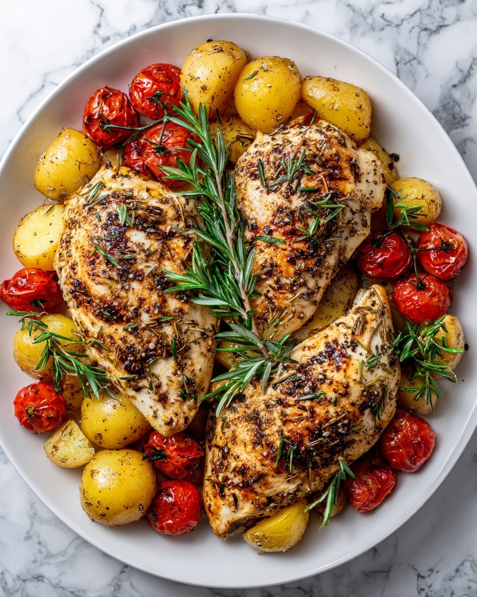 The image shows a white plate with three pieces of roasted chicken breast as the top layer, each golden brown with black pepper and herbs seasoned on the crispy skin. Around and beneath the chicken, there are halved roasted potatoes in a yellow-golden color and bright red cherry tomatoes, some slightly charred. Fresh green rosemary sprigs are placed decoratively on top of the chicken and around the vegetables, adding a fresh touch. The dish sits on a white marbled surface, highlighting the warm colors of the food. photo taken with an iphone --ar 4:5 --v 7