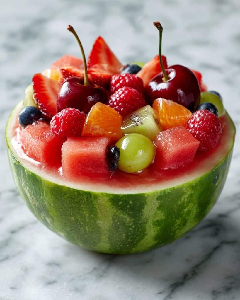 Watermelon Fruit Bowl with Cantaloupe, Peaches, Berries, and Moscato Wine Recipe