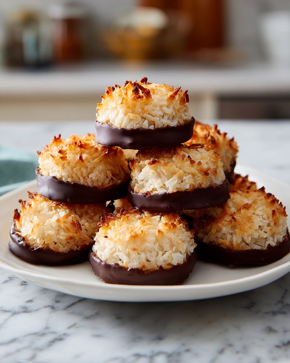 A white plate holds a small stack of round coconut treats, each with two layers: the top layer is a light beige, toasted coconut with a rough texture, while the bottom layer is smooth dark chocolate covering the base and slightly up the sides. The coconut layer looks crisp and slightly golden on the edges. The treats are neatly piled in a pyramid shape with three on the bottom, two in the middle, and one on top, all placed on a white marbled surface with a blurred kitchen background. photo taken with an iphone --ar 4:5 --v 7