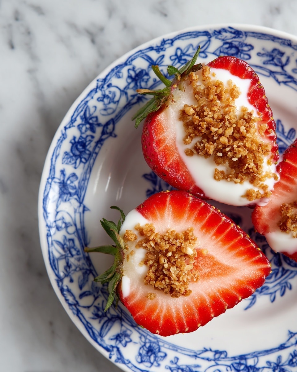 The image shows two large strawberry halves placed on a white plate with subtle patterns. Each strawberry half is topped with a thick layer of creamy white filling, which looks smooth and soft. On top of the cream, there is a crumbly golden-brown topping that appears crunchy and uneven, adding texture to the dish. The strawberries have a bright red color with small seeds visible on the surface, and the plate sits on a white marbled surface. photo taken with an iphone --ar 4:5 --v 7