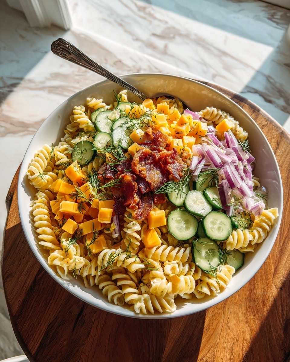 The image shows a white bowl filled with a colorful pasta salad that has multiple layers of ingredients. The main base is light yellow spiral pasta spread evenly throughout the bowl. Mixed in are bright green pickle slices and cucumber rounds scattered on top and within the pasta. There are also small cubes of orange cheddar cheese and crispy pieces of cooked bacon spread evenly. Tiny bits of red onion add purple color, and fresh green dill sprigs are sprinkled on top for garnish. A metal spoon rests inside the bowl at the upper left side. The bowl sits on a wooden table with a white marbled texture background, near a window with natural light coming in. Photo taken with an iphone --ar 4:5 --v 7