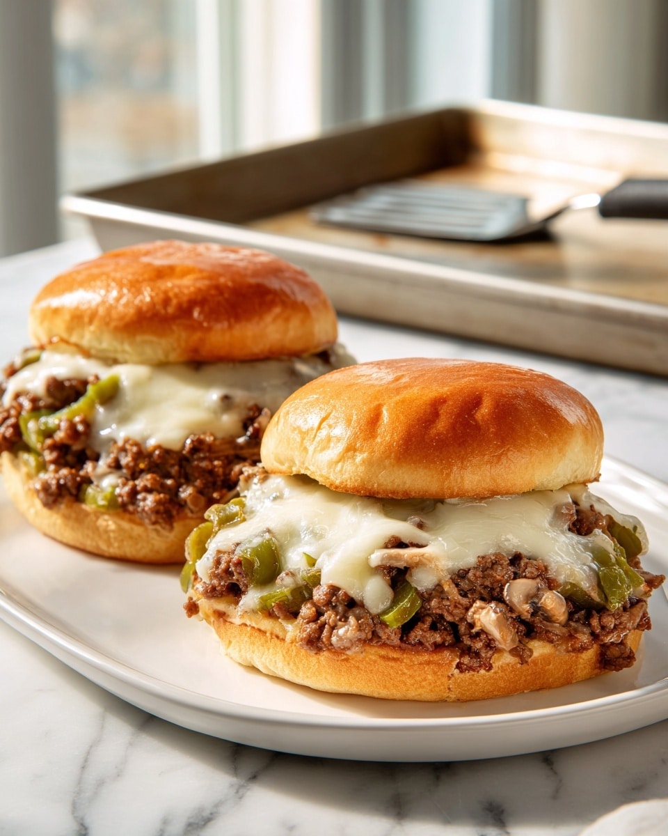 Two Philly cheesesteak sloppy joe sandwiches sit on a white plate, placed on a white marbled surface. Each sandwich has a glossy golden brown top bun slightly lifted, revealing a thick layer of cooked ground beef mixed with sautéed green bell peppers, onions, and mushrooms. The meat mixture is covered in melted white cheese that looks creamy and gooey, spreading unevenly over the filling. The bottom bun is toasted light brown, supporting the hearty filling. In the background, an empty metal baking tray with a spatula lies near a sunlit window. Photo taken with an iphone --ar 4:5 --v 7