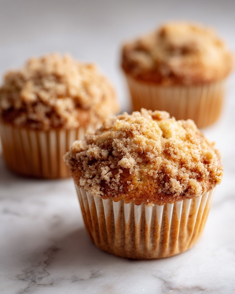 A close-up of three muffins on a white marbled surface, each muffin wrapped in a light beige paper liner. The muffins have a golden brown color with a crumbly, slightly darker streusel topping that looks crispy and textured. The front muffin is centered and sharply in focus, while the two muffins in the background are slightly blurred, showing depth. The lighting is soft and natural, highlighting the warm tones of the muffins and the texture of the crumb topping. photo taken with an iphone --ar 4:5 --v 7