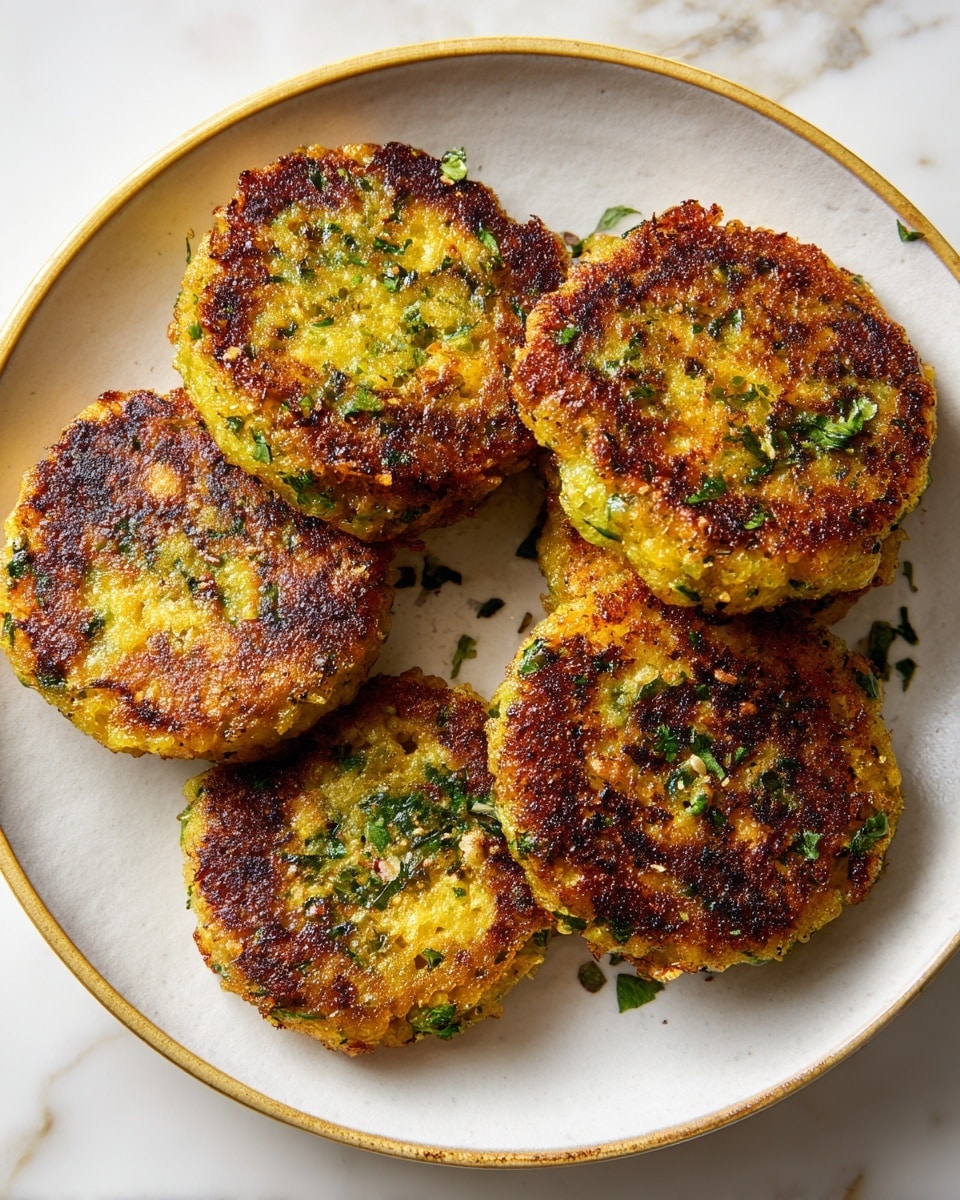 A close-up view of five golden brown, crispy fritters with green bits visible inside, arranged on a white plate with a subtle gold rim, placed on a white marbled surface. The fritters have a slightly uneven, rough texture with some charred spots and small green herb pieces sprinkled on top. The color contrasts between the golden crust and the bright green inside create a rich, appetizing look. Photo taken with an iphone --ar 4:5 --v 7