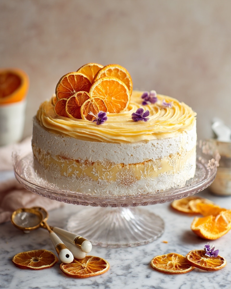 A round cake with three layers is displayed on a clear glass cake stand with floral etching, placed on a white marbled surface. The bottom layer is fluffy white meringue, topped with a thick swirled layer of creamy orange-yellow curd. On top, there are two groups of thinly sliced dried orange rounds stacked together on the left side, and a single fresh orange slice in the center, both decorated with small purple flowers for contrast. Around the cake stand, scattered dried orange slices and several gold measuring spoons with white handles lie to the side, creating a cozy kitchen scene. photo taken with an iphone --ar 4:5 --v 7