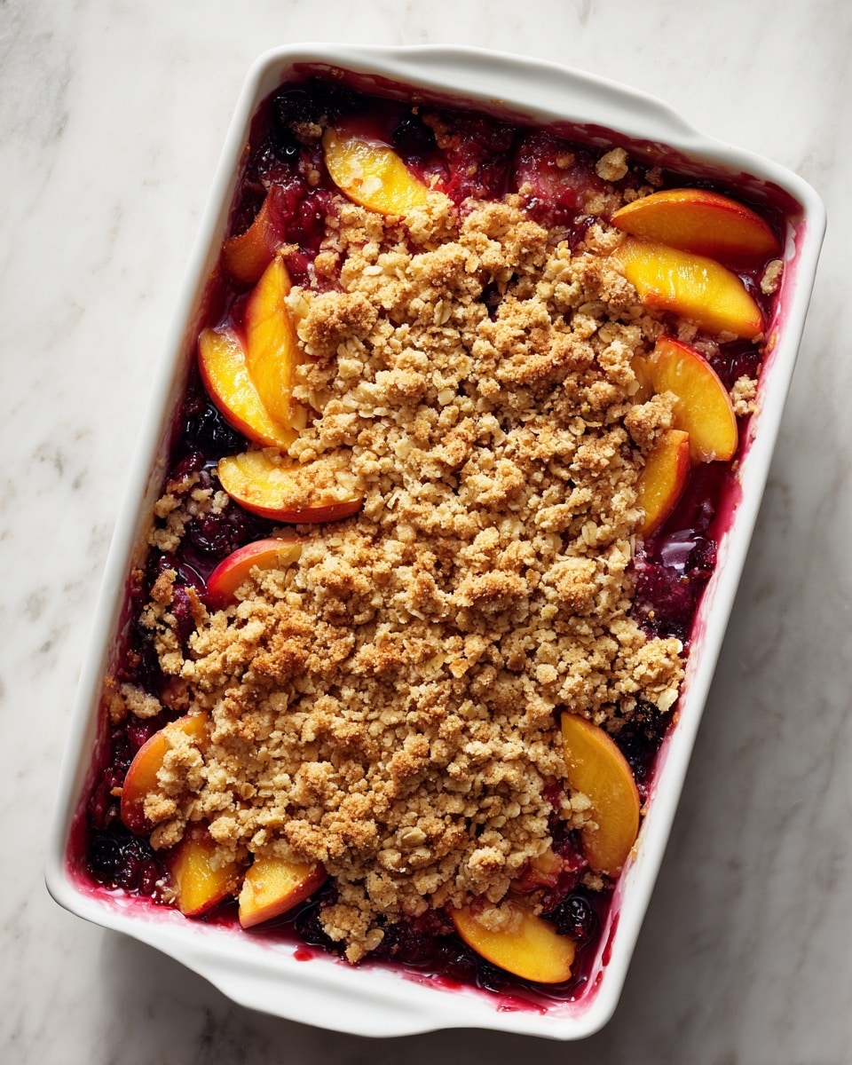 A white rectangular baking dish filled with a fruit crumble that has three visible layers. The bottom layer is a mix of dark blue and purple berries with slices of orange peach. On top of the fruit is a thick layer of crumbly golden-brown topping that looks crunchy and rough. The dish sits on a smooth white marbled surface, and the light shows a glossy shine on some parts of the fruit juice around the edges. photo taken with an iphone --ar 4:5 --v 7