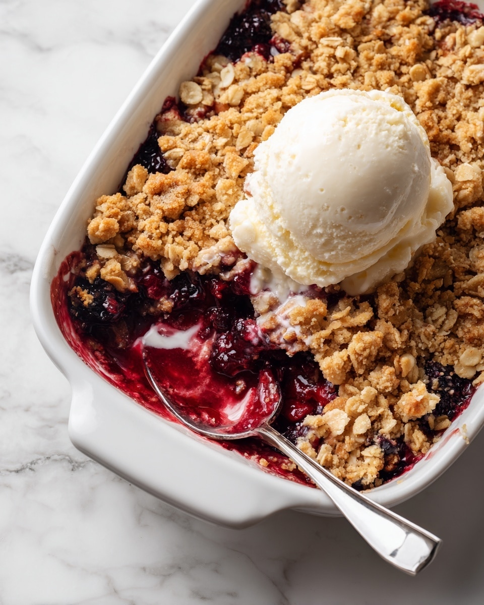 A white baking dish filled with a berry crumble dessert, featuring a thick layer of dark red and purple mixed berries at the bottom, topped with a chunky, golden brown oat and nut crumble layer with a crumbly texture. A scoop of creamy white vanilla ice cream is melting slightly on top near the edge of a missing portion, revealing the juicy berry filling beneath. The dish sits on a white marbled surface. photo taken with an iphone --ar 4:5 --v 7